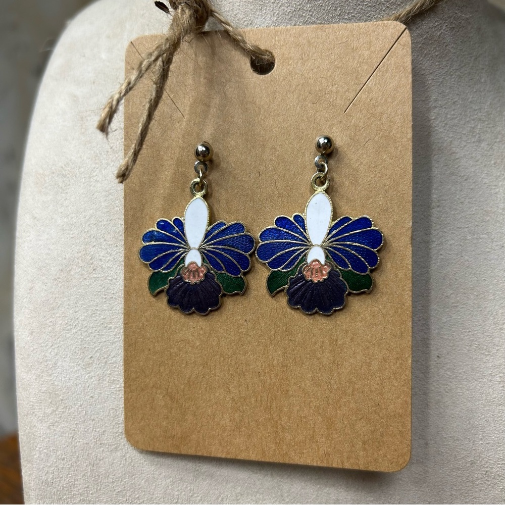 Vintage Cloisonné Flower Dangle Post Enamel Flower Orchid Hibiscus